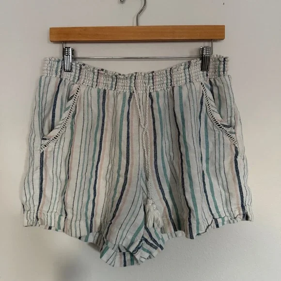 Briggs Womens Medium Striped Smocked Waist Linen Blend Shorts Teal Pink White - Picture 1 of 3